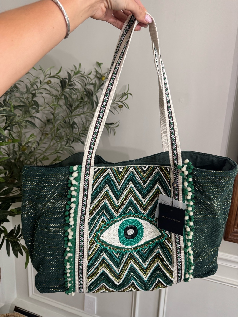 America & Beyond Green Beaded Eye Tote with Pom-Pom Trim